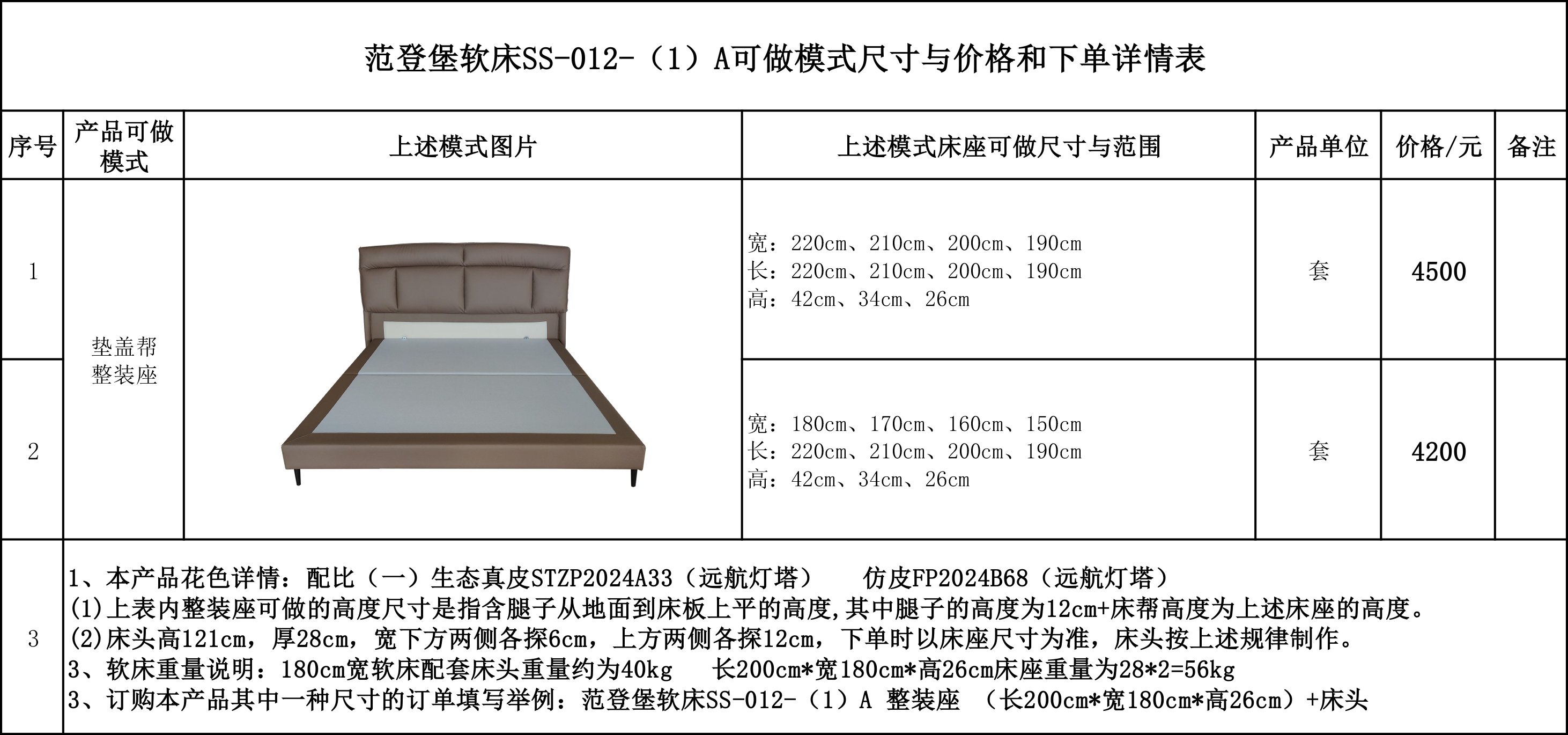 范登堡软床SS-012-（1）A可做模式尺寸与价格和下单详情表.jpg