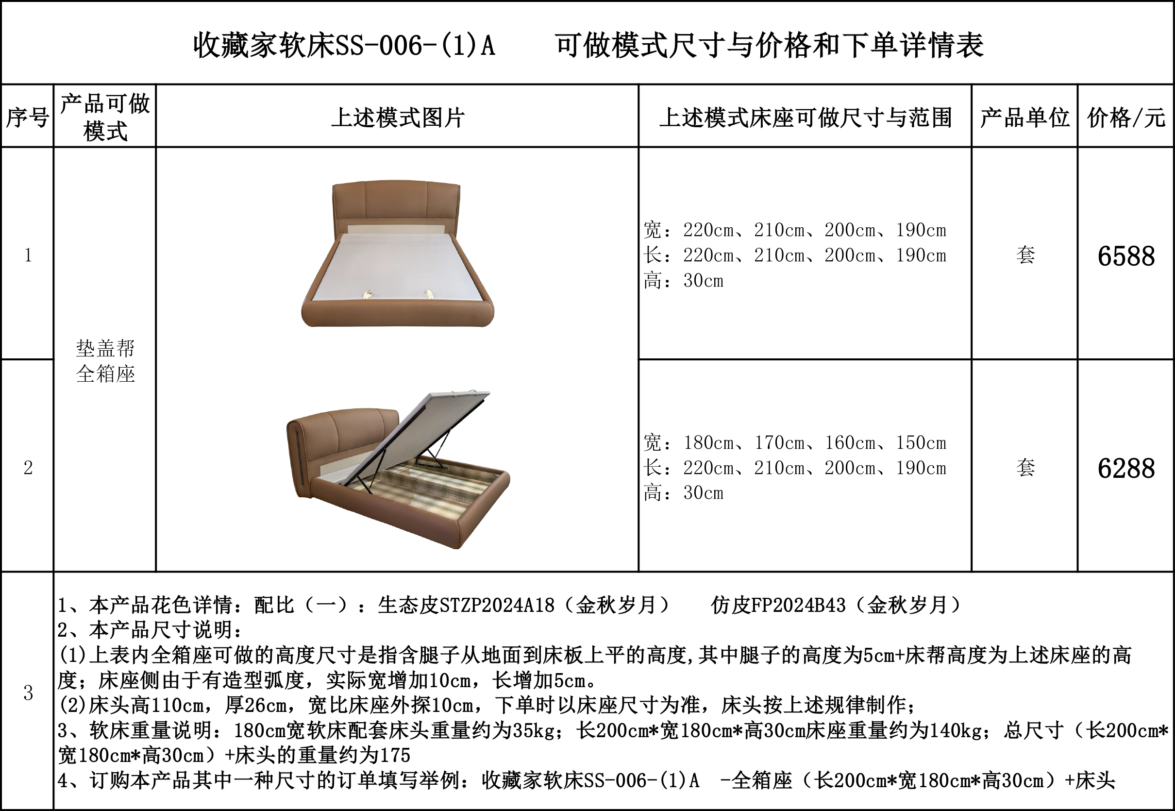 收藏家软床SS-006-(1)A 可做模式尺寸与价格和下单详情表....jpg