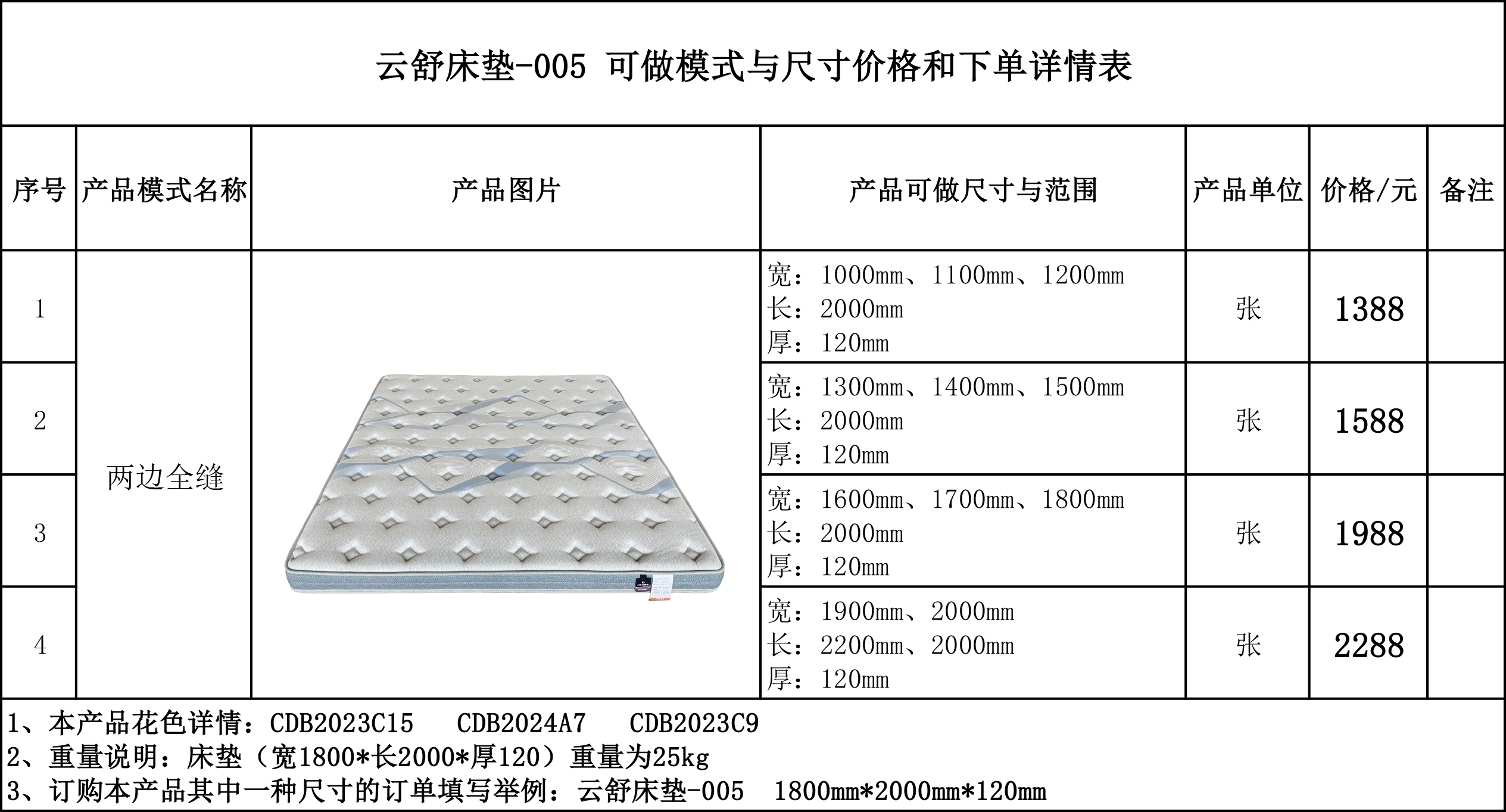 云舒床垫-005可做模式与尺寸价格和下单详情表....jpg