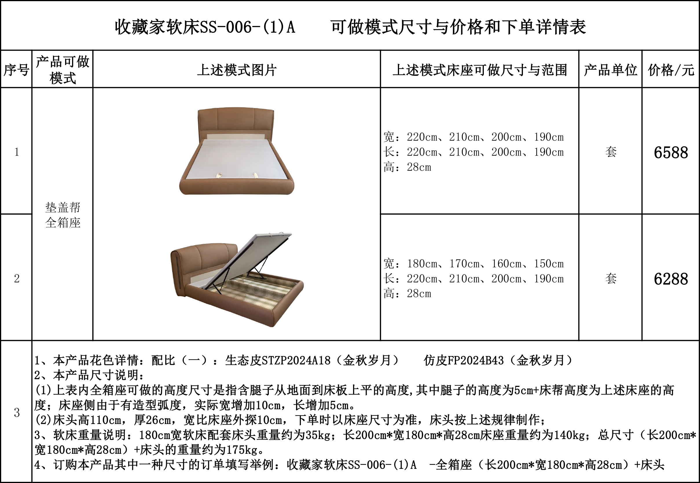 收藏家软床SS-006-(1)A 可做模式尺寸与价格和下单详情表....jpg