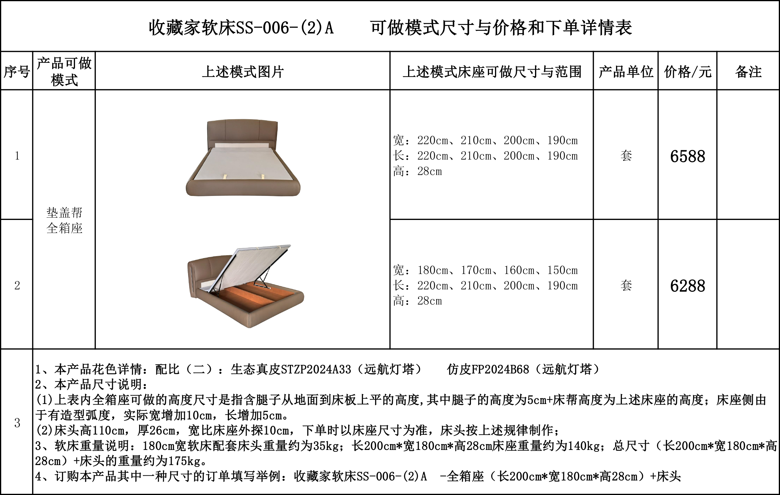收藏家软床SS-006-(2)A 可做模式尺寸与价格和下单详情表....jpg