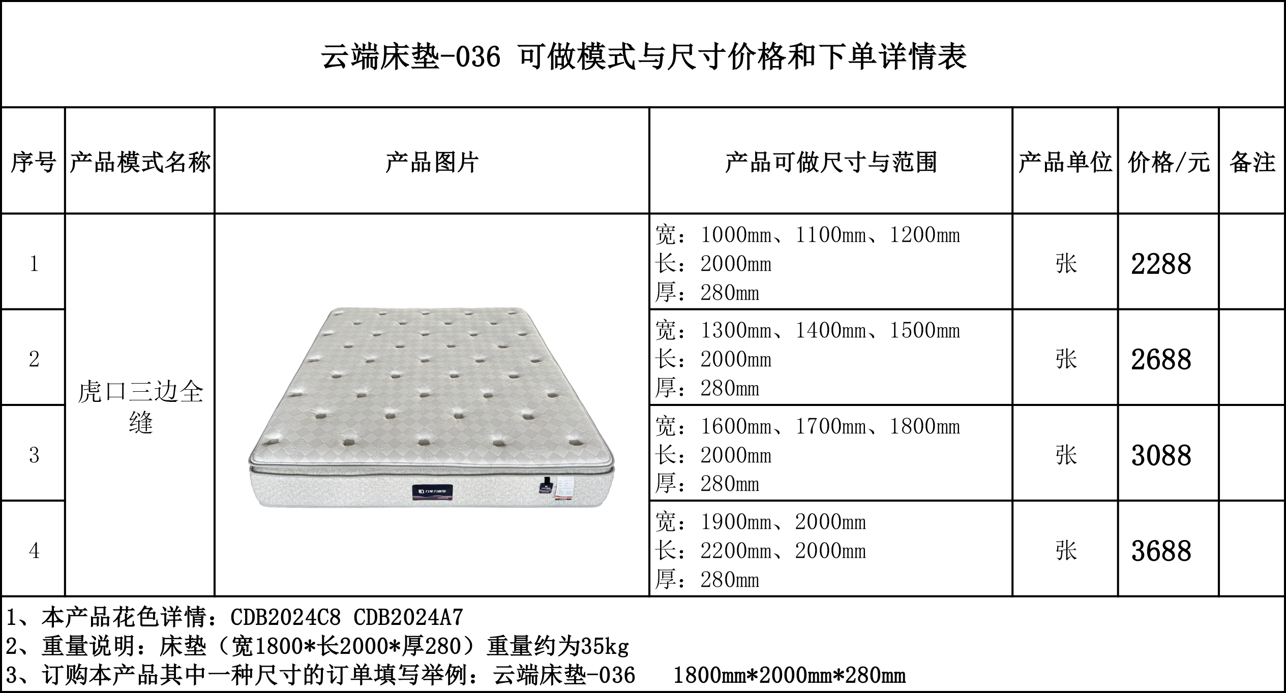 云端床垫-036可做模式与尺寸价格和下单详情表....jpg