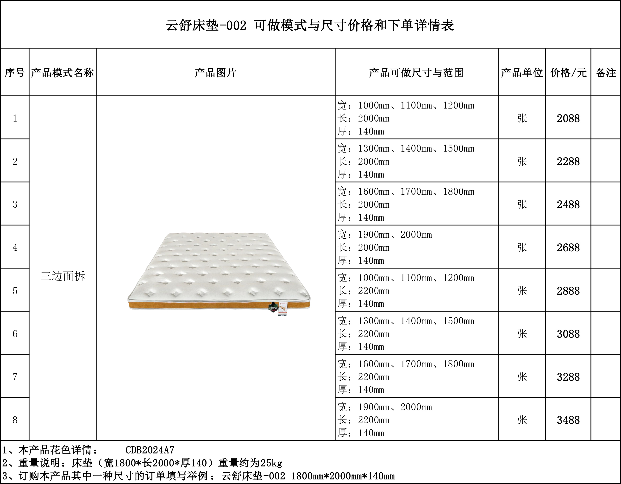云舒床垫-002可做模式与尺寸价格和下单详情表...jpg
